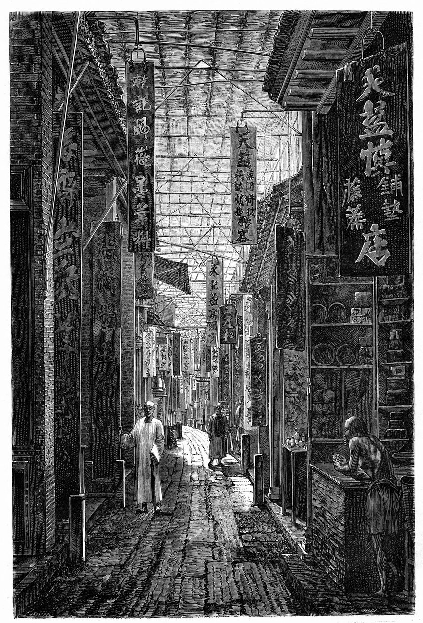 Widok ulicy Apteki w Kantonie (Guangzhou). Grawer według rysunku Deroya, w „”Le Tour du Monde, Nouveau journal des Voyages””, pod redakcją Edouarda Chartona, Paryż autorstwa Deroy (after)