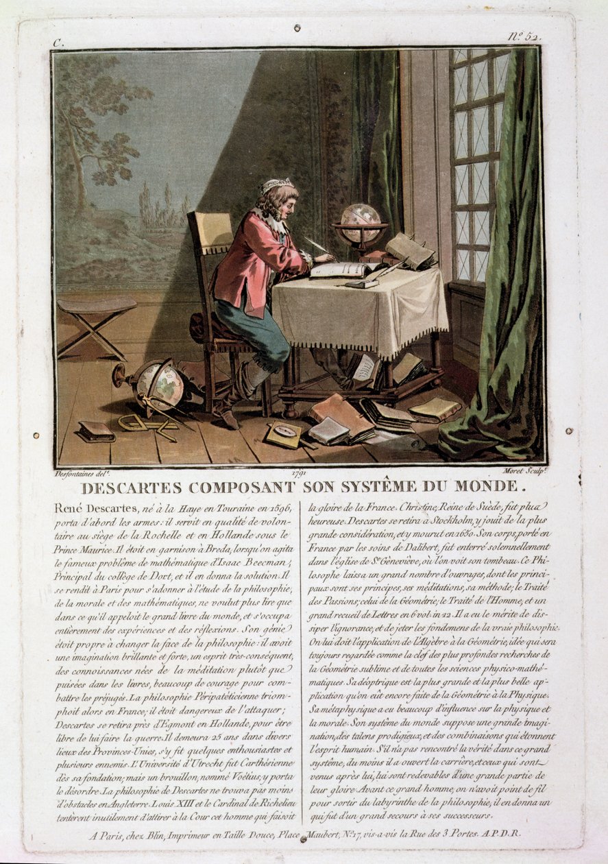 Rene Descartes (1596-1650) piszący swój system świata, rytowany przez Jean Baptiste Moret (fl.1790-1820), 1791 autorstwa Desfontaines
