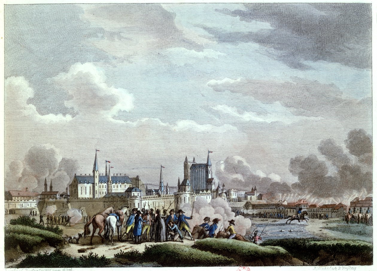 Atak na Nantes 27-29 czerwca 1793 r. przez powstańców wandejskich 1800 (kolorowe grawerowanie) autorstwa Desfontaines