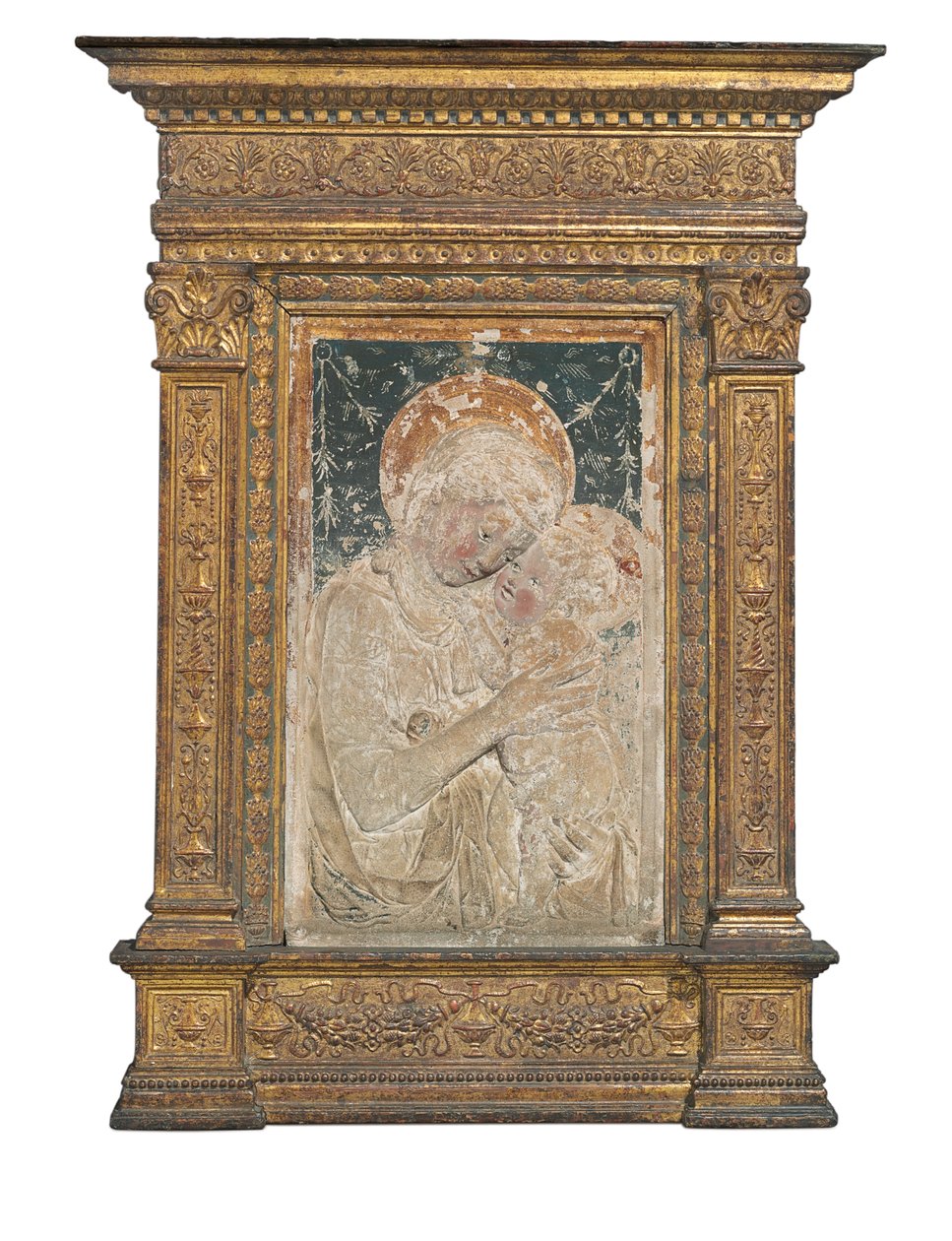 Płaskorzeźba Matki Boskiej z Dzieciątkiem (stiuk złocony i polichromowany) autorstwa Desiderio da Settignano (after)