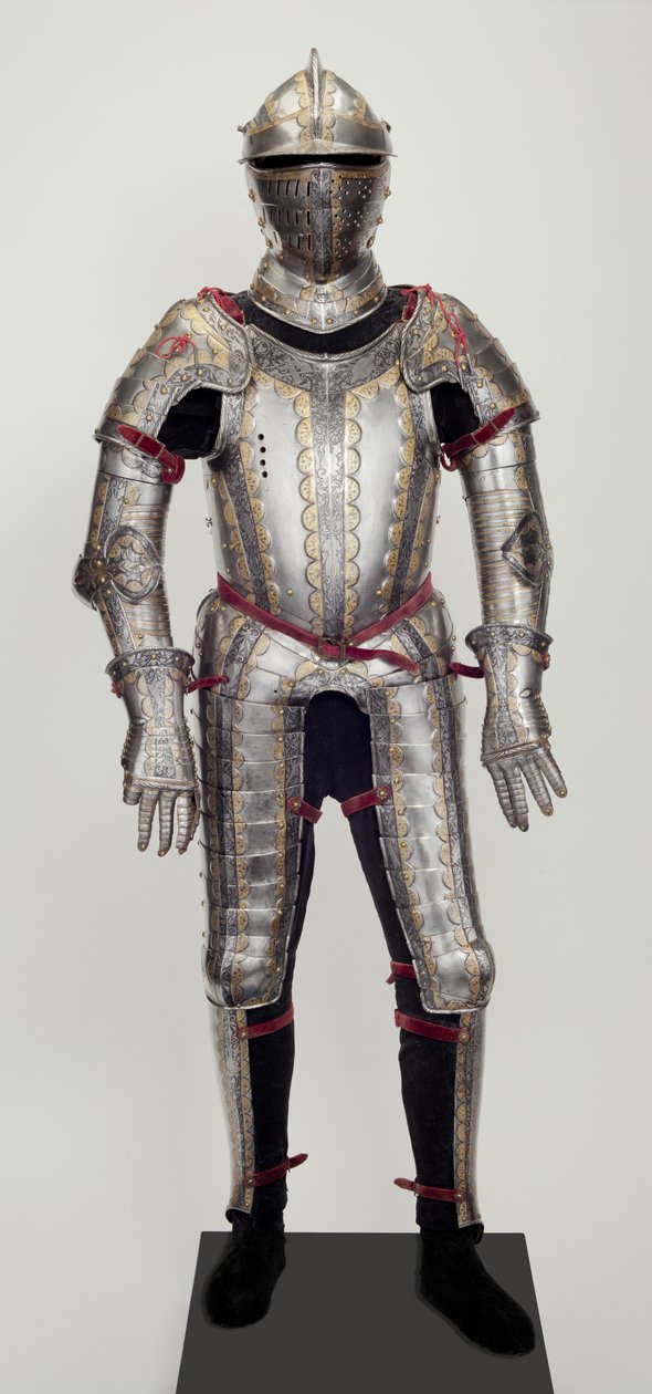 Zbroja polowa, z garnituru, prawdopodobnie wykonana dla Ludwiga Ungnada von Weissenwolfa auf Sunegg, ok.1552 (stal z tłoczonymi, trawionymi, czernionymi i złoconymi zdobieniami, z nowoczesnym mosiądzem, aksamitem, skórą i stalą) autorstwa Desiderius Helmschmid