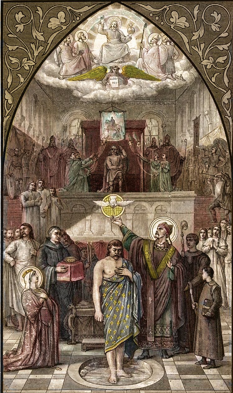 Święty Remigiusz chrzci Chlodwiga w Reims - Chrzest króla franków Chlodwiga I (466-511) w Reims przez Eveque Saint Remi w dniu 25.12.0496 (lub 499) - grawerowanie według obrazu Desire Francois Laugee autorstwa Desire Francois Laugee