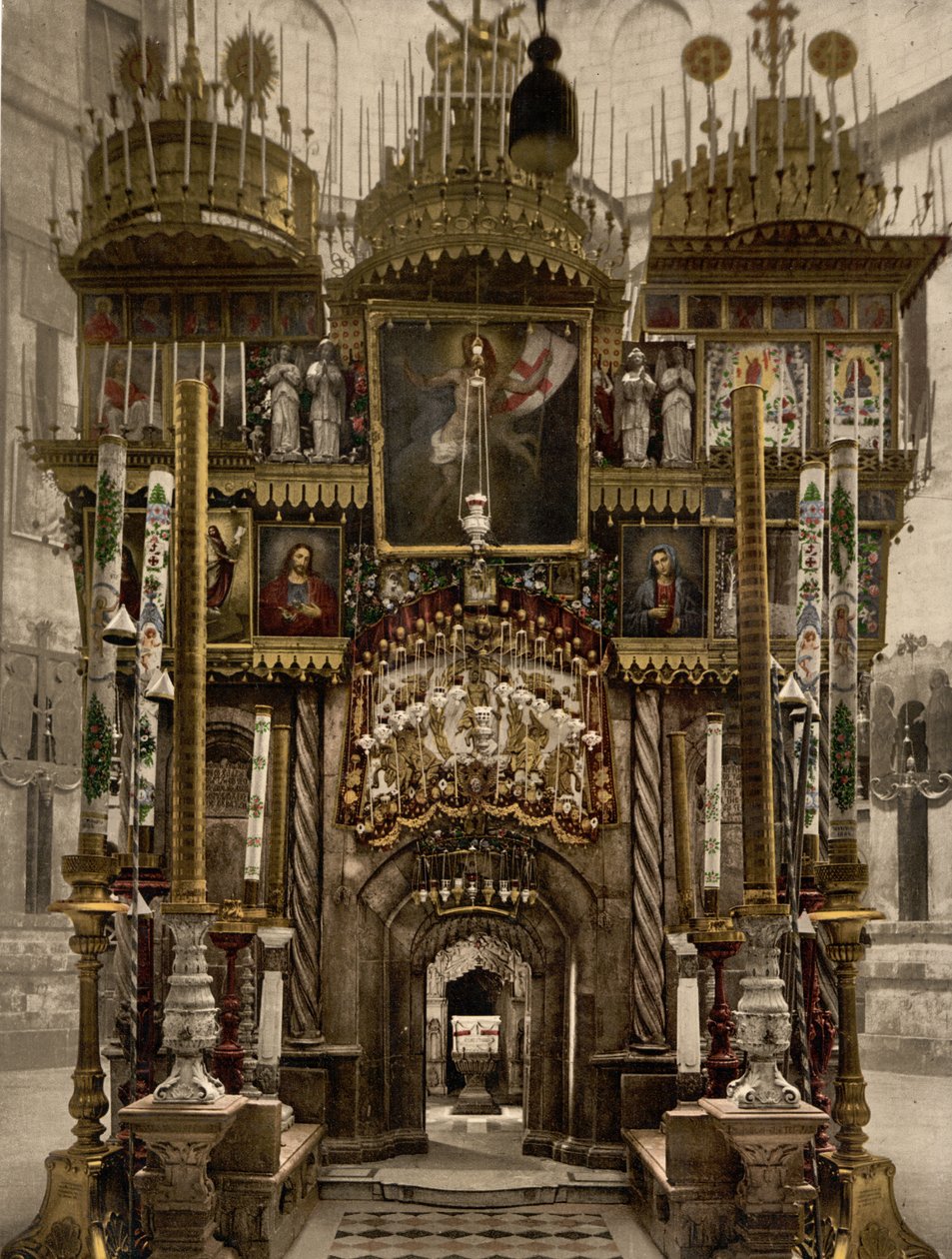 Wnętrze Grobu Świętego, Jerozolima, Ziemia Święta, ok. 1890-ok. 1900 (odbitka fotochromowa) autorstwa Detroit Photographic Co.