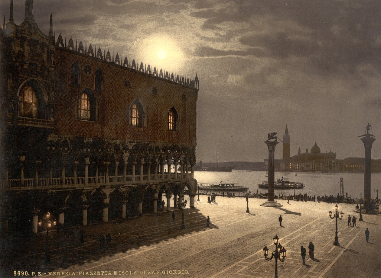 Piazzetta i San Georgio w świetle księżyca, Wenecja, Włochy, ok. 1890-1900 (fotochrom) autorstwa Detroit Publishing Co.