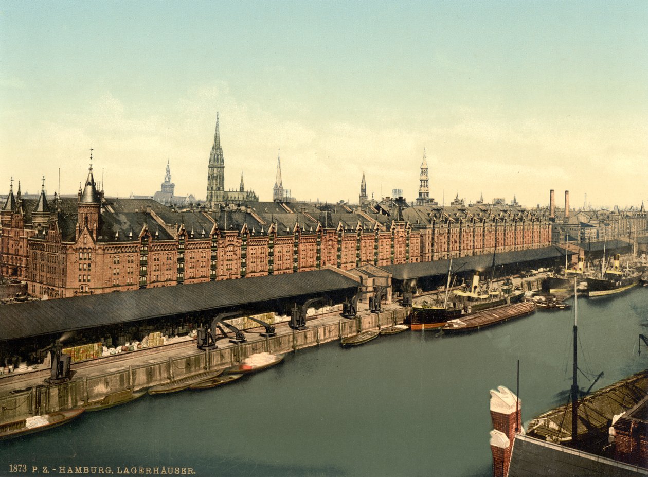 Magazyny w dokach, Hamburg, Niemcy, Photochrome Print, ok. 1900 autorstwa Detroit Publishing Co.