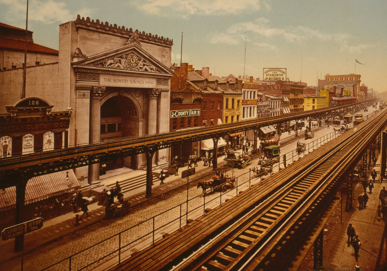 The Bowery, Nowy Jork, ok. 1900 (fotochrom) autorstwa Detroit Publishing Co.