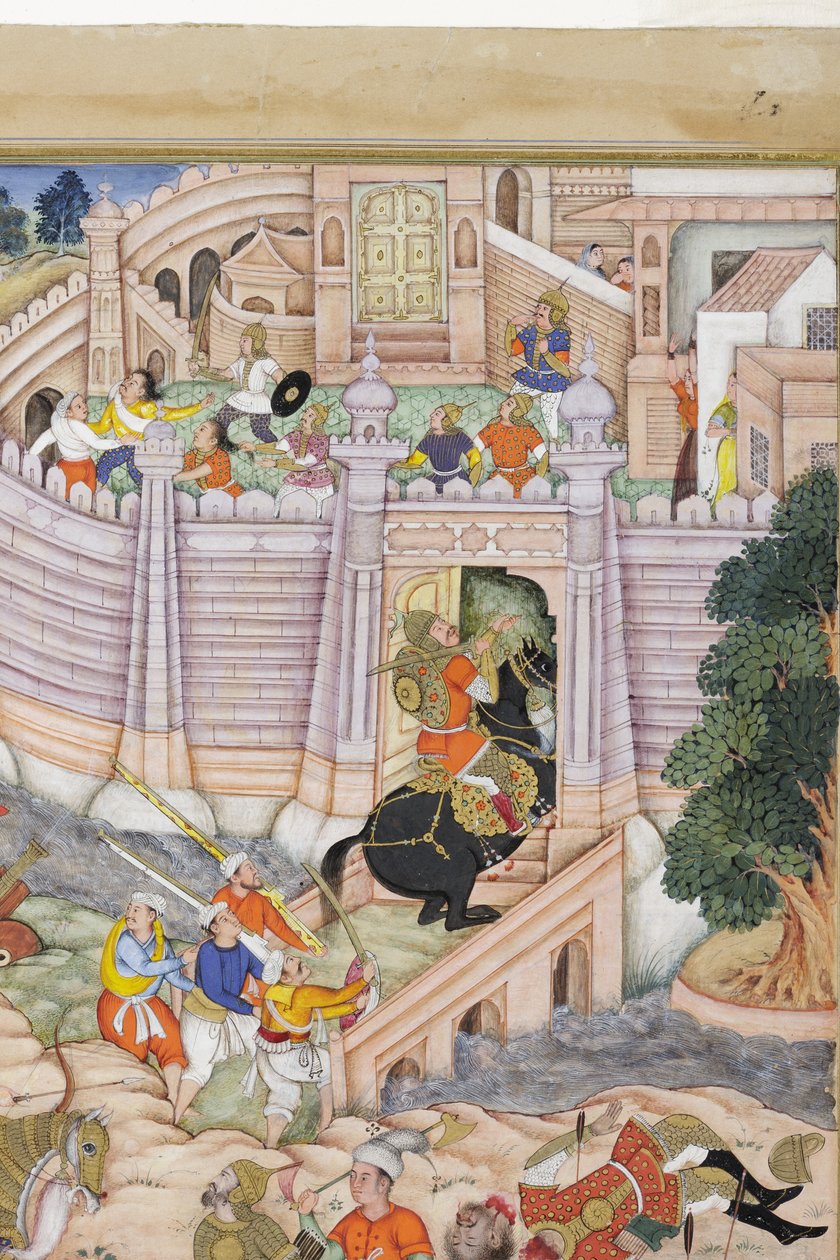 Szczegółowo żołnierze Babura zdobywają fortecę w Kabulu, ok. 1590-1600 (nieprzezroczyste wc i złoto na papierze) autorstwa Dhannu, and Dharmdas Farrukh