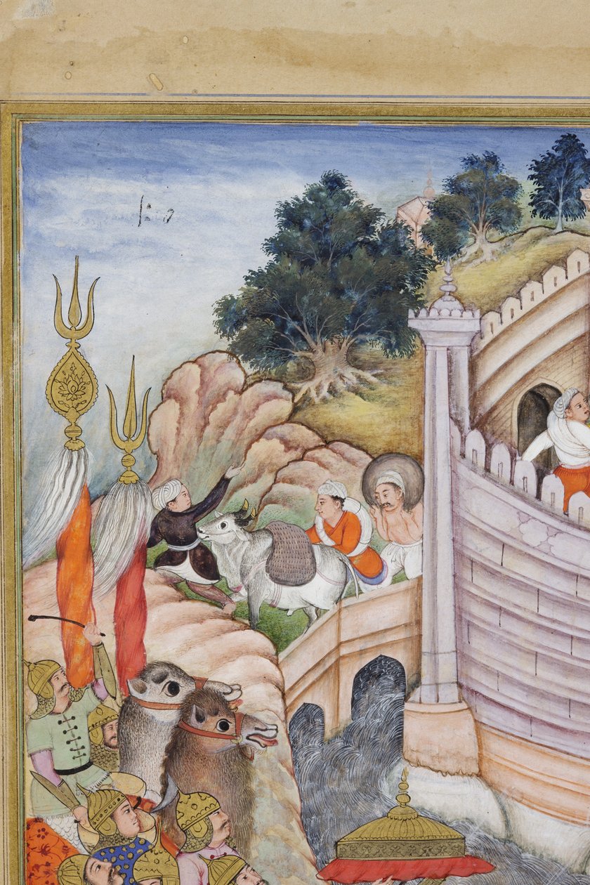 Szczegółowo żołnierze Babura zdobywają fortecę w Kabulu, ok. 1590-1600 (nieprzezroczyste wc i złoto na papierze) autorstwa Dhannu, and Dharmdas Farrukh