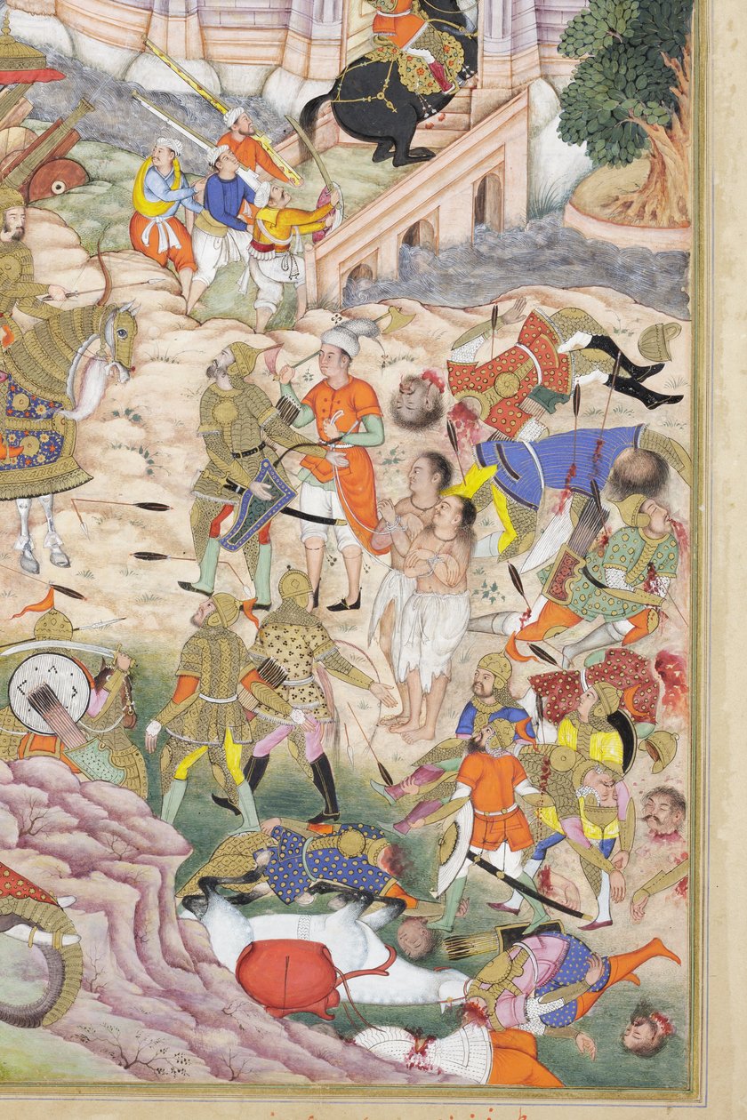 Detal przedstawiający wojska Babura zdobywające twierdzę w Kabulu, ok. 1590-1600 (nieprzezroczysta akwarela i złoto na papierze) autorstwa Dhannu & Dharmdas Farrukh