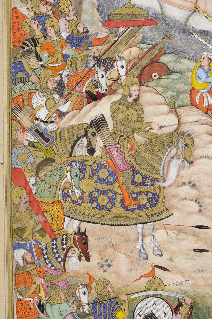 Szczegółowo żołnierze Babura zdobywają fortecę w Kabulu, ok. 1590-1600 (nieprzezroczyste wc i złoto na papierze) autorstwa Dhannu, and Dharmdas Farrukh