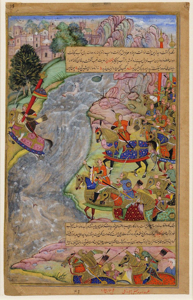 Jalal al-Din Khwarazm-Shah przekraczając rwącą rzekę Indus, uciekając Czyngis-chan i jego armia, 1597 autorstwa Dharm Das
