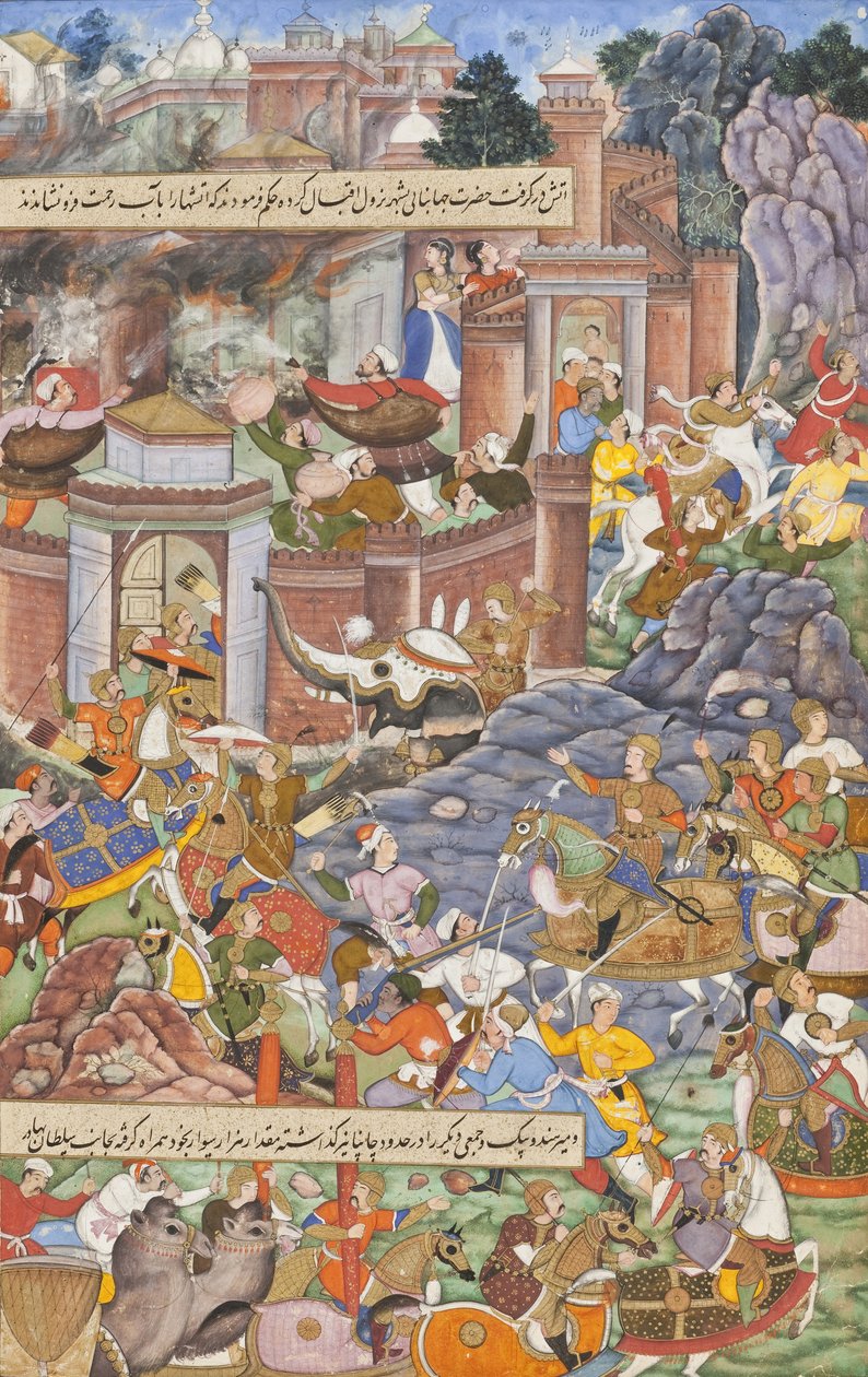 Lot sułtana Bahadura podczas kampanii Humajuna w Gudźaracie w 1535 r., ok. 1590 r. (akwarela, złoto i tusz na papierze) autorstwa Dharmdas Dharmdas