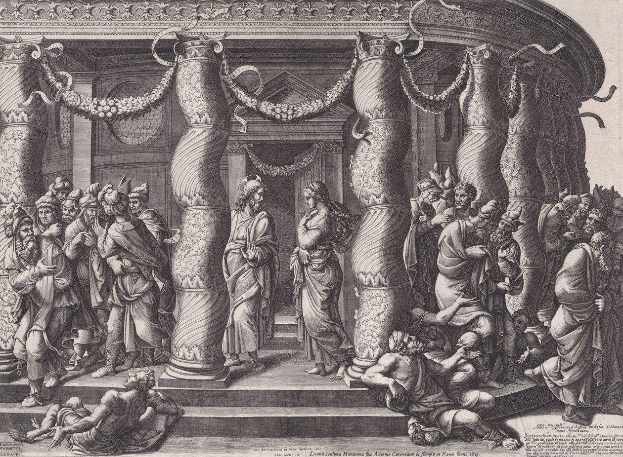 Chrystus i kobieta przyjęci na cudzołóstwie, 1575 opublikowano ponownie 1613. autorstwa Diana Mantuana