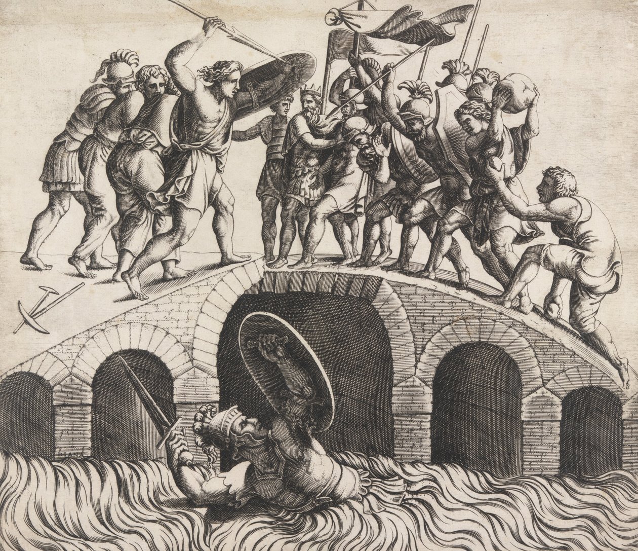 Horatio Coclès ratuje się pływaniem, XVI wiek. autorstwa Diana Mantuana