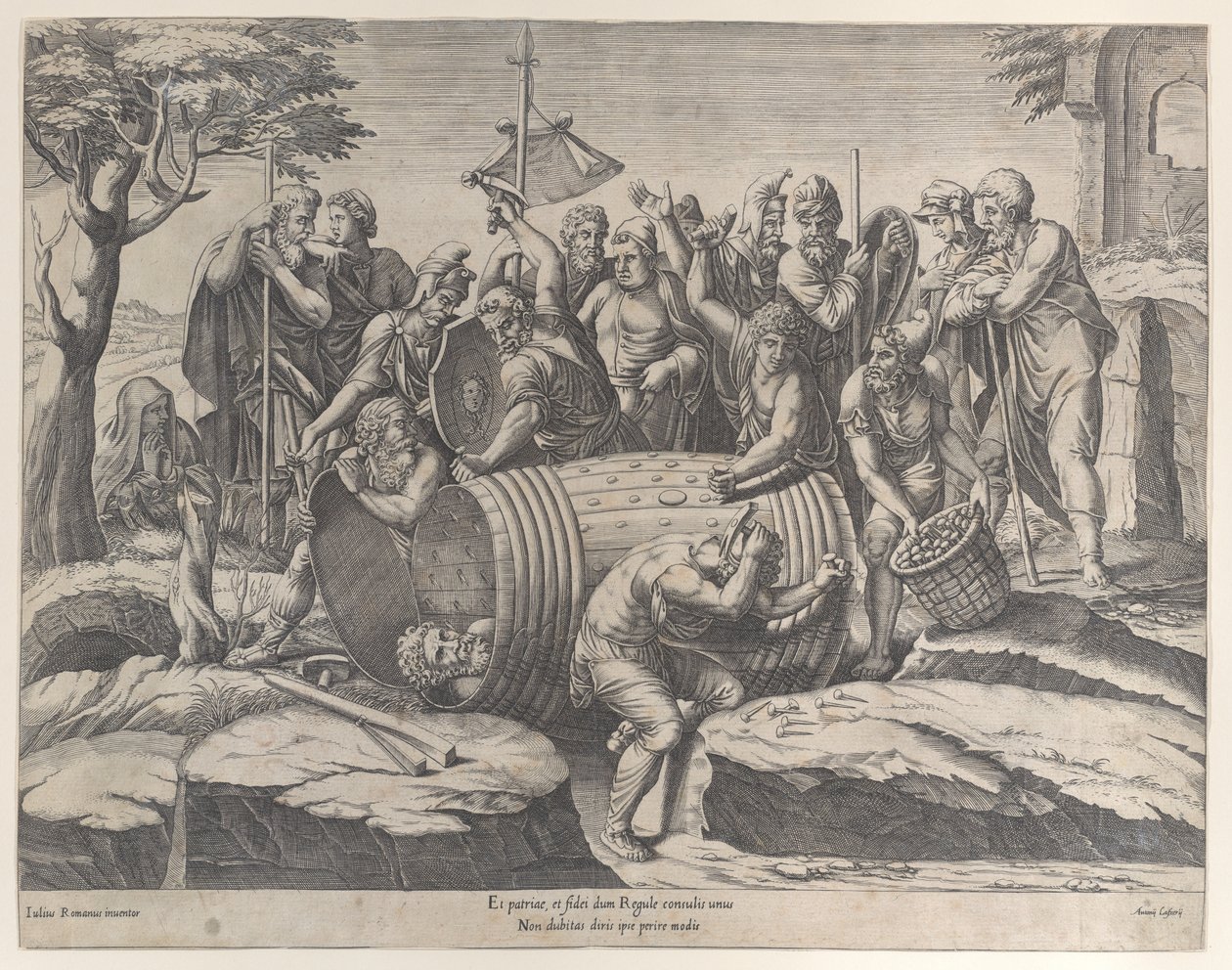 Marek Atilius Regulus w beczce, podczas gdy dwóch mężczyzn wbija gwoździe, różne fi..., 1555-77. autorstwa Diana Mantuana