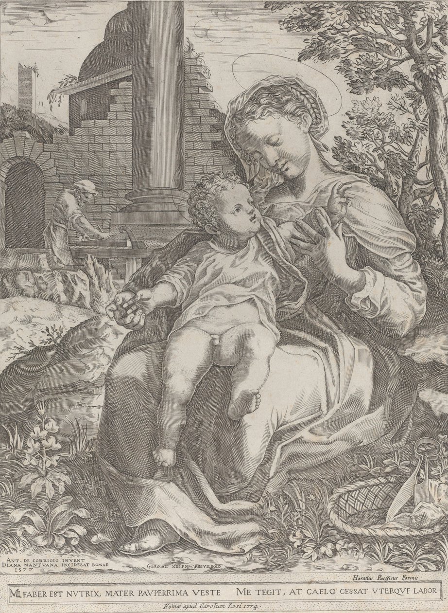 Święta Rodzina w Egipcie, z Józefem jako stolarzem w tle..., [1577], wznowione 1774. autorstwa Diana Mantuana