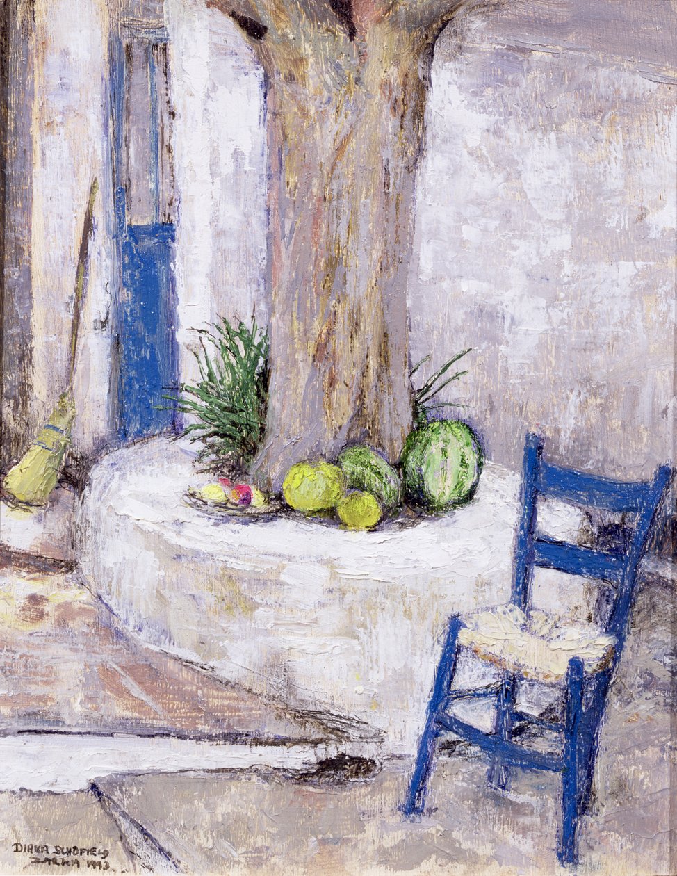 Niebieskie krzesło przy drzewie, 1993 (tablica) autorstwa Diana Schofield
