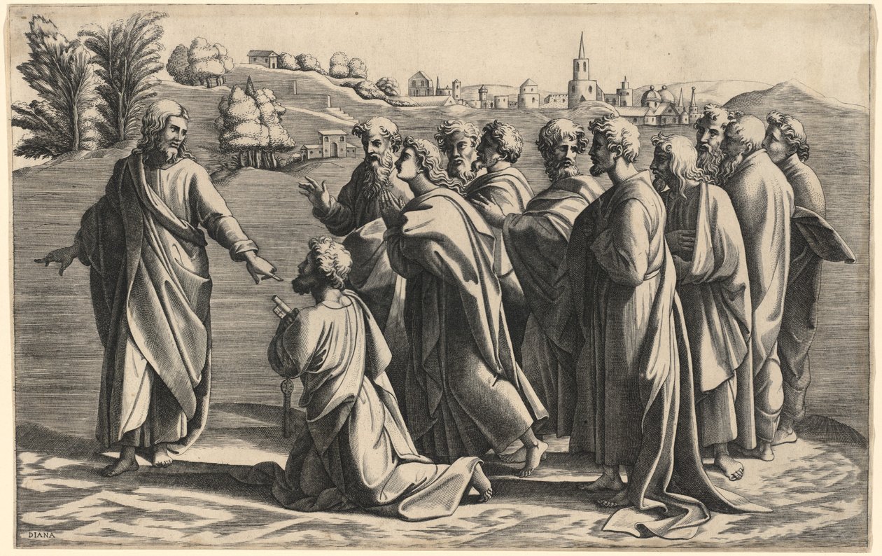 Chrystus czyni świętego Piotra głową Kościoła autorstwa Diana Scultori after Raphael