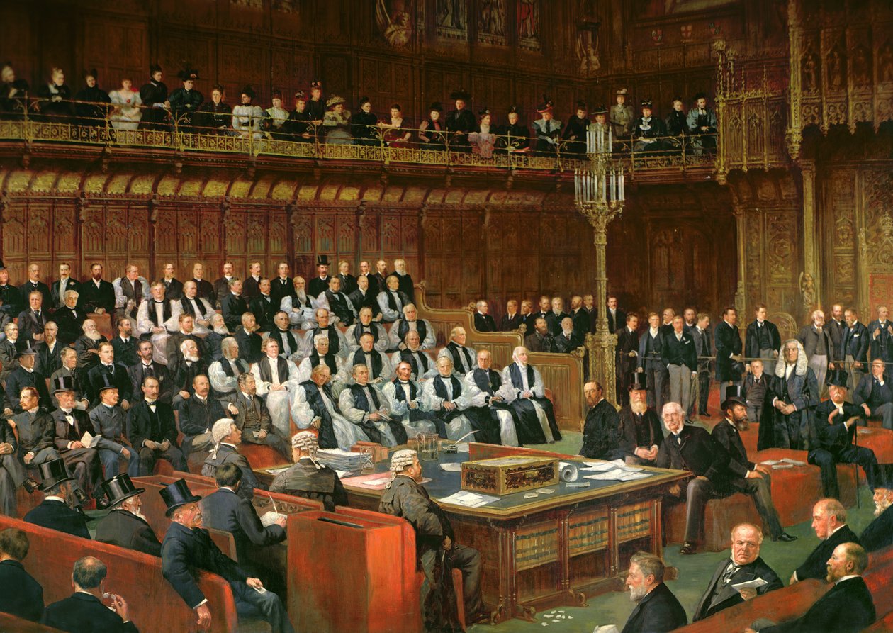 Debata o rządach wewnętrznych w Izbie Lordów, 1893 r., Lord Kanclerz zamierzający zadać pytanie, 1893 r. (detal) autorstwa Dickinson and Foster