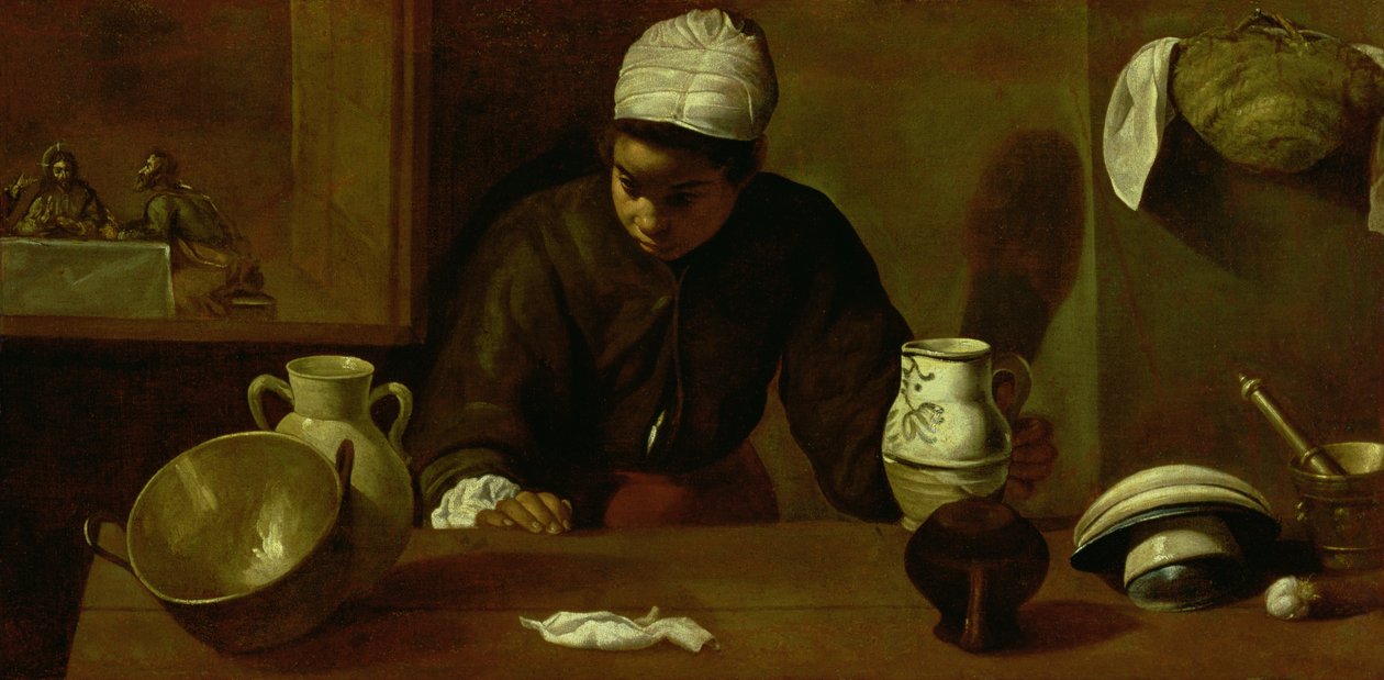 Pokojówka kuchenna z wieczerzą w Emaus, ok. 1618 r. autorstwa Diego Velázquez