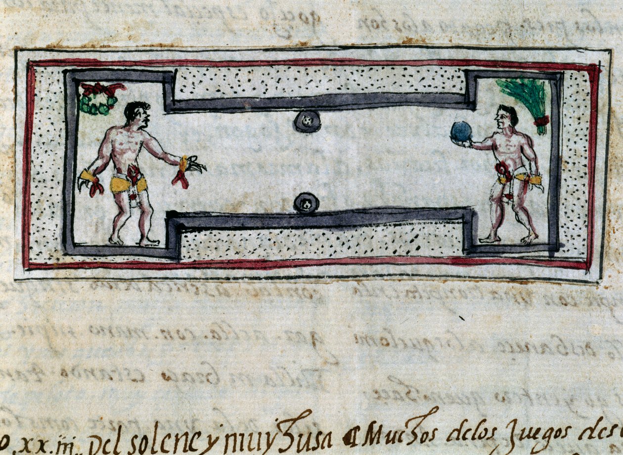 Aztekowie grający w pelotę, miniatura z Historii Indii (Historia de las Indias) Diego Durana (1537-1588), rękopis z 1579 autorstwa Diego Duran