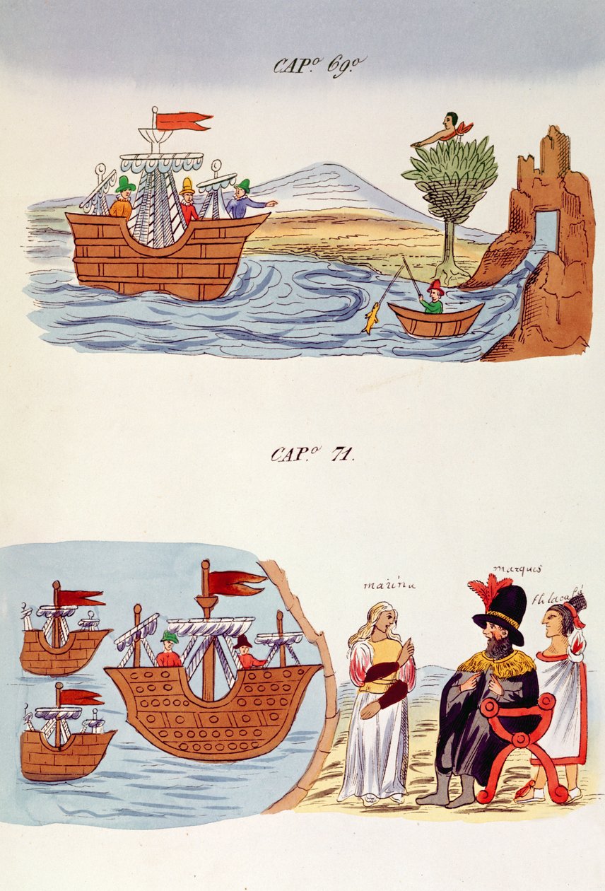 Cap 69 i Cap 71, ilustracje z "Historia de las Indias de Nueva Espana y islas de tierra firme", z tablicami Julesa Desportesa, Meksyk, 1867-80 autorstwa Diego Duran