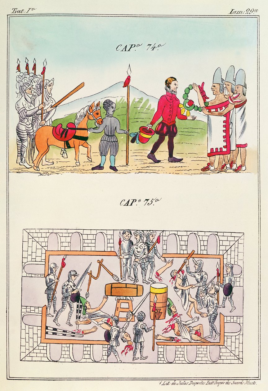 Cap 74 i Cap 75, ilustracje z „Historia de las Indias de Nueva Espana y Islas de tierra firme”, z tablicami Jules Desportes, Meksyk, 1867-80 autorstwa Diego Duran