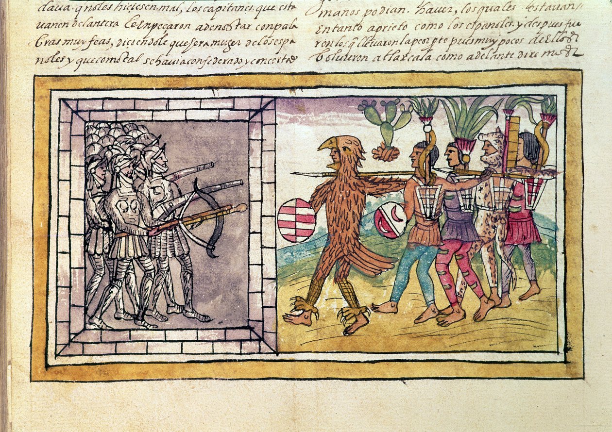 Kodeks Duran: Pedro de Alvarado (ok. 1485-1541) towarzysz broni Hernando Cortesa (1485-1547) oblegany przez azteckich wojowników autorstwa Diego Duran