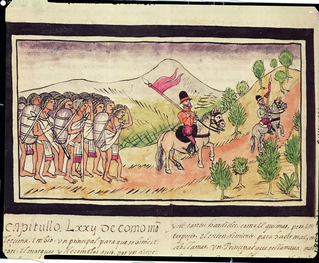 Fol.204v Indianie Totonac pomagają konkwistadorom w transporcie materiałów, 1579 autorstwa Diego Duran