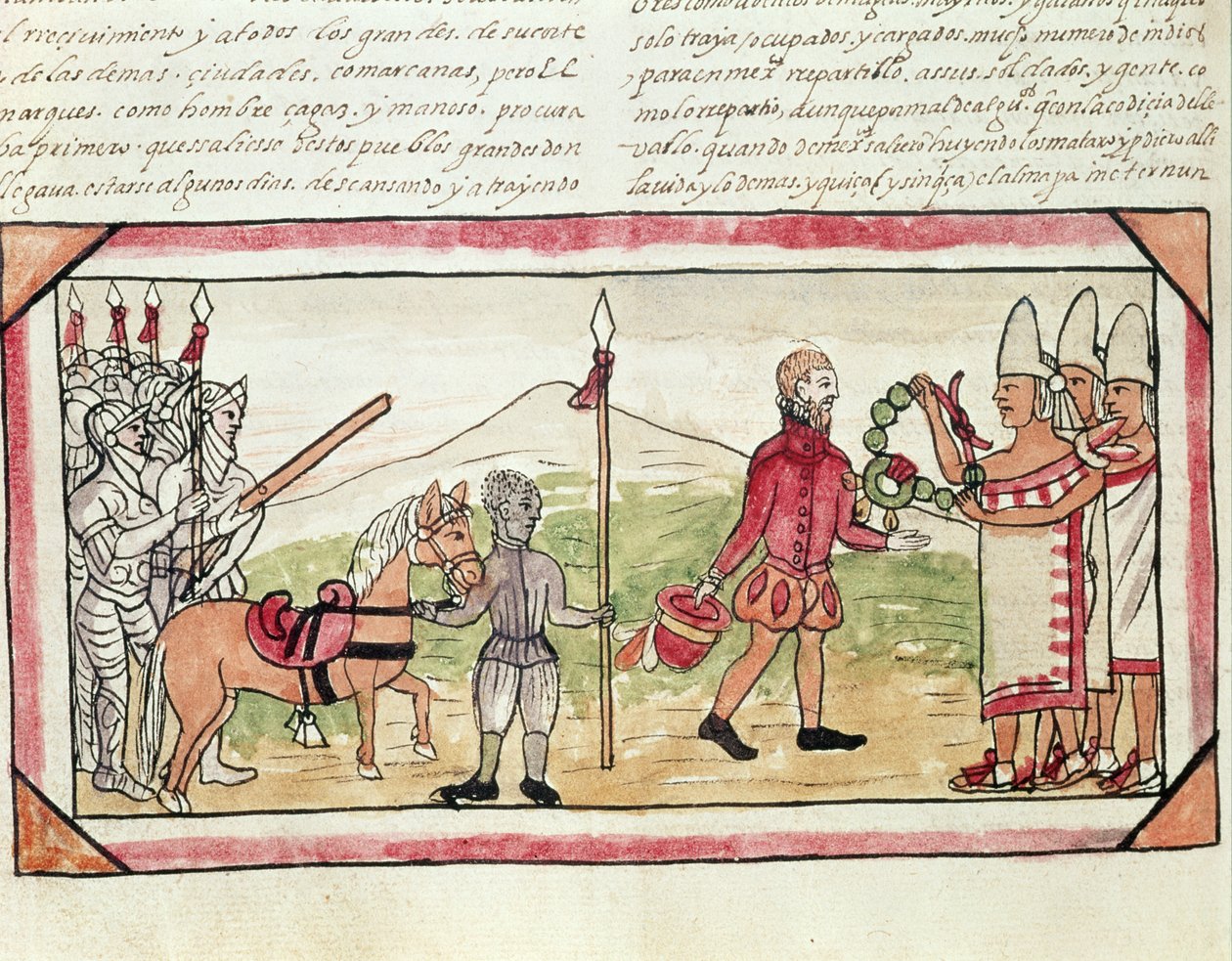 Fol.208v Spotkanie Hernando Cortesa (1485-1547) i Montezumy (1466-1520), miniatura z „Historii Indian” Diego Durana, 1579 autorstwa Diego Duran