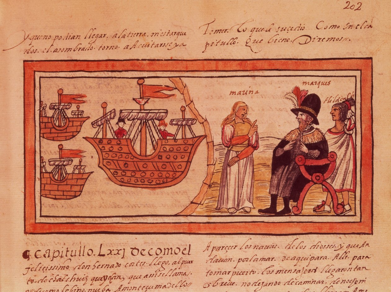 Indyjska księżniczka Malinche lub Dona Marina, kochanka Hernando Cortesa (1485-1547) tłumacząca dla niego autorstwa Diego Duran