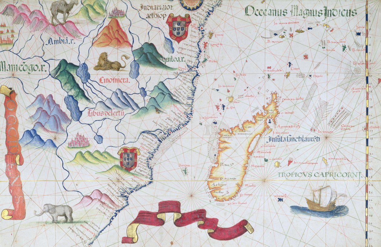 Madagaskar i wybrzeże Afryki Wschodniej, fragment atlasu świata, 1565 autorstwa Diego Homem