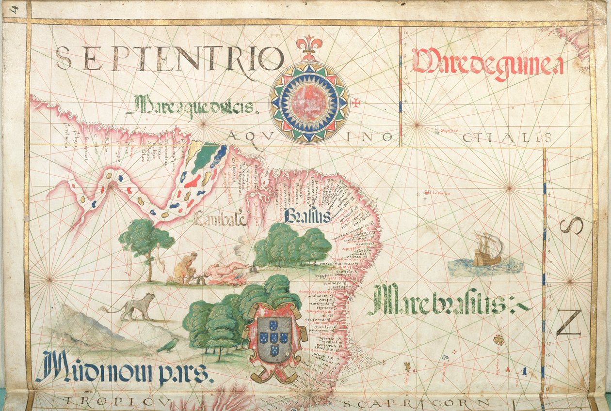 Usta Amazonki, Brazylia, fragment atlasu świata, 1565 autorstwa Diego Homem