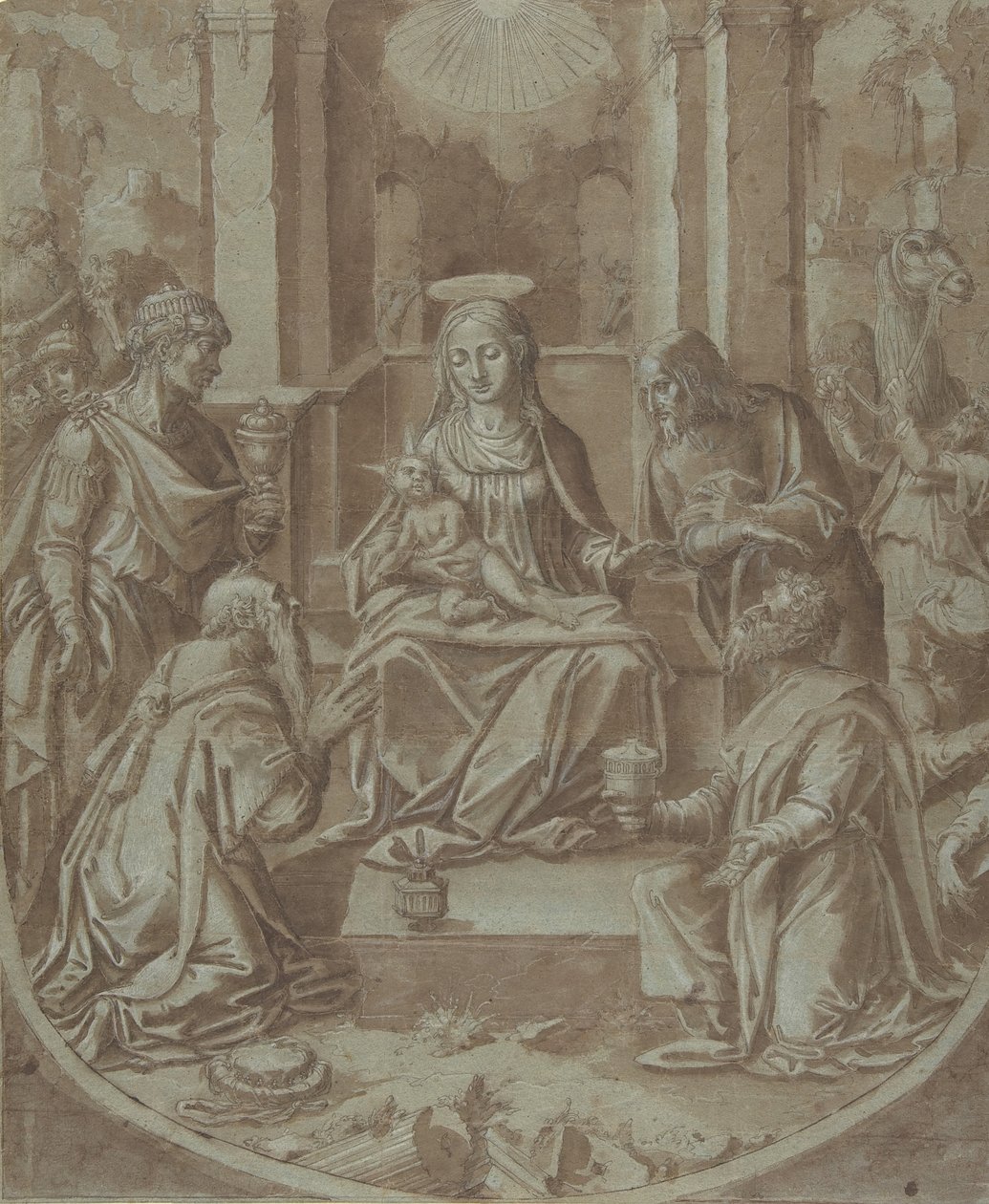 Adoracja Trzech Króli do haftu, 1587-89. autorstwa Diego Lopez de Escuriaz.