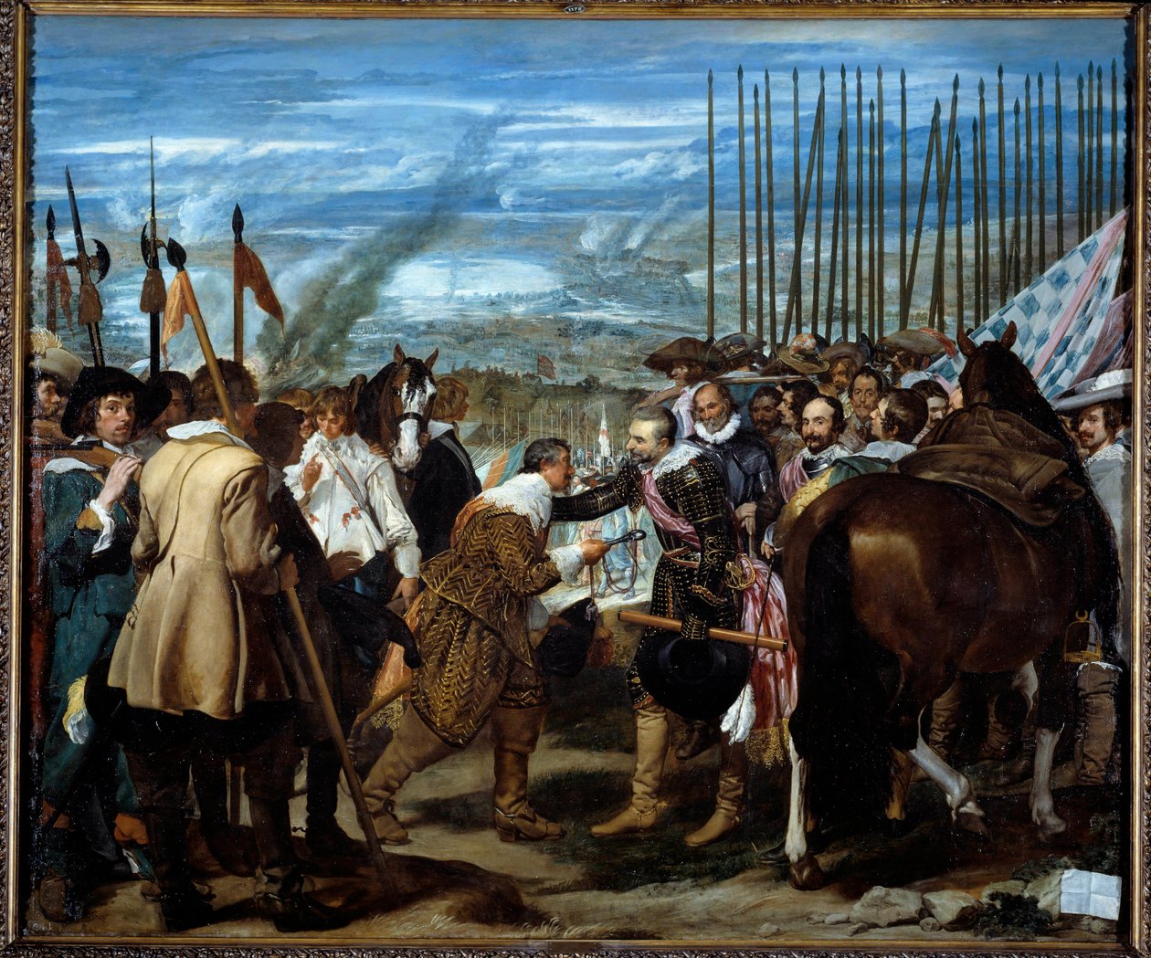 Poddanie Bredy. Pod koniec oblężenia Bredy (podczas wojny trzydziestoletniej): 5 czerwca 1625 r. Justin de Nassau (1559-1631) negocjował pokój z Ambrogio Spinola Doria, markizem de Los Balbases (1569-1630), podczas ceremonii gdzie przekazał k autorstwa Diego Velázquez