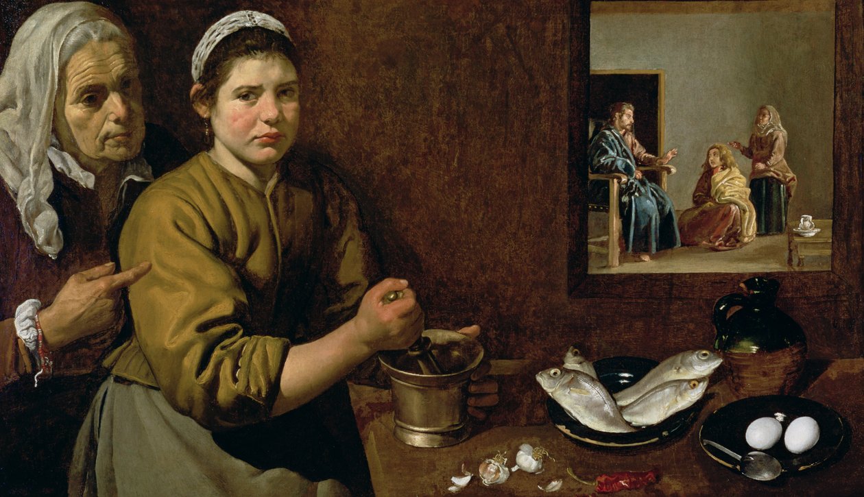 Scena kuchenna z Chrystusem w Domu Marty i Marii, ok. 1618 (olej na płótnie) autorstwa Diego Velázquez