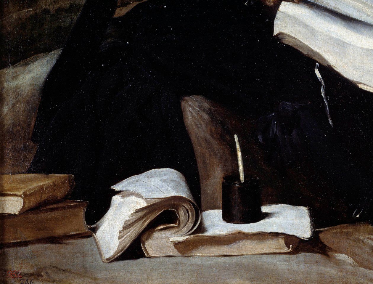 Portret błazna Diego de Acedo, detal. Książki. Obraz Diego Rodrigueza de Silva i Velasqueza (1599-1660) autorstwa Diego Velázquez