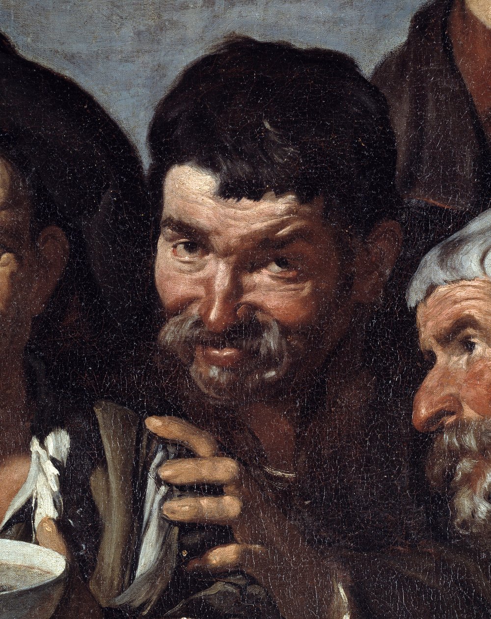 Triumf Bachusa czyli „Pijacy” Fragment pijanej twarzy. Obraz Diego Rodrigueza de Silva y Velasquez (1599-1660) około 1639-1642. Ciemny. 1,65x2,25 m Madryt, Muzeum Prado autorstwa Diego Velázquez