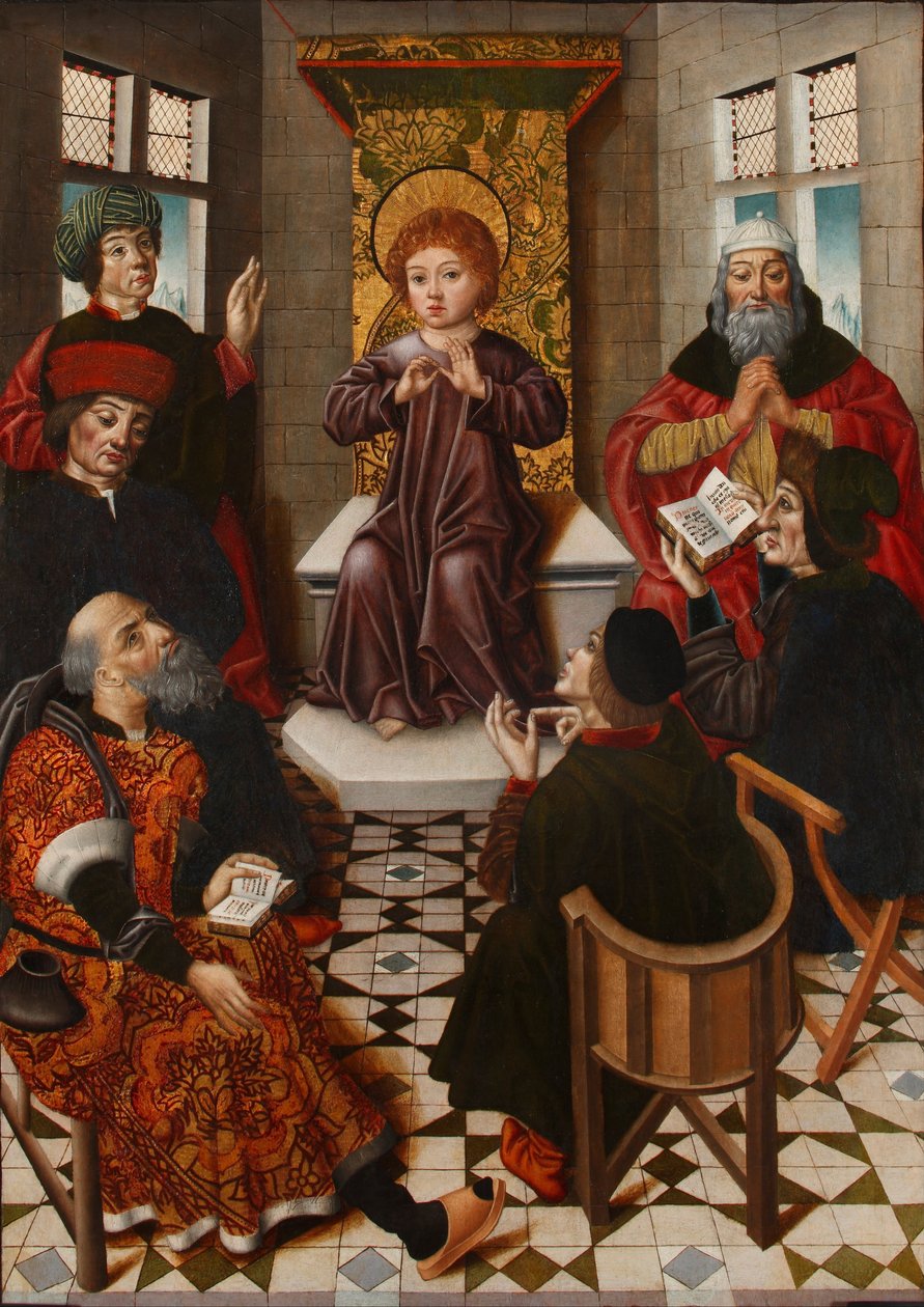 Jezus wśród lekarzy - Chrystus wśród lekarzy - Cruz, Diego de la (czynny 1482-1500) - ok. godz. 1490 - Olej na drewnie - 102x76 - Muzeum Lazaro Galdiano, Madryt autorstwa Diego de la Cruz