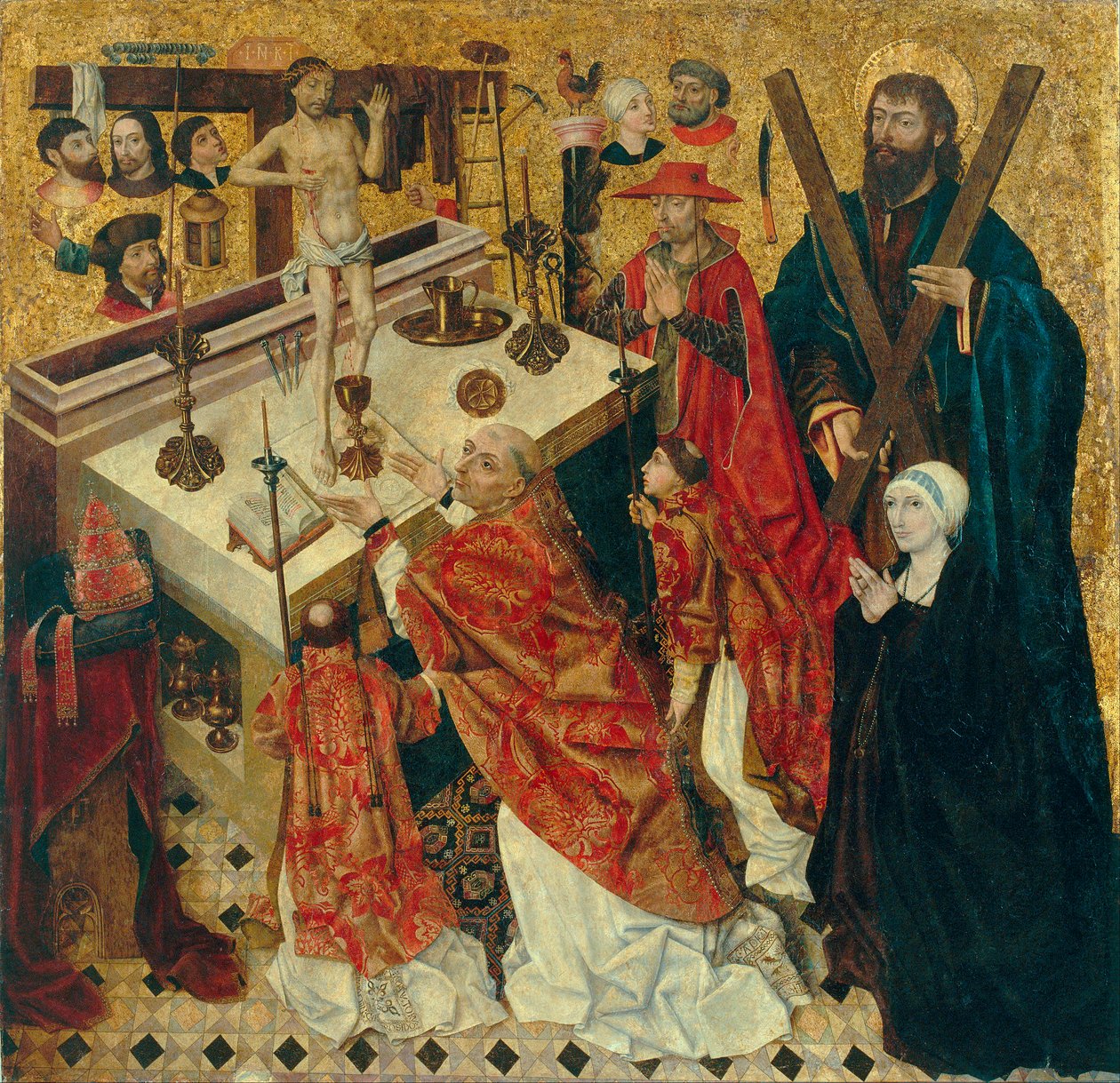 Messe de saint Gregoire - Msza św. Grzegorza Wielkiego - Obraz Diego de la Cruz (aktywny 1482-1500) - przed 1480 - Olej na drewnie - 168x168 - Museu Nacional d