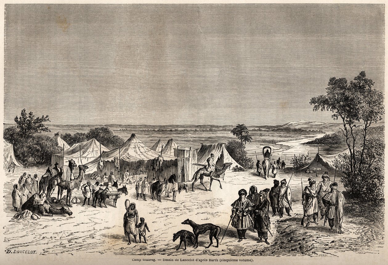 Obóz Touaregów, narysowany przez Lancelota, ilustrujący podróż dr Henri Bartha do centrum Afryki w latach 1849-1855. Grawerowanie w „”Le tour du monde, nouveau journal des voyages””Paryż autorstwa Dieudonne Auguste Lancelot