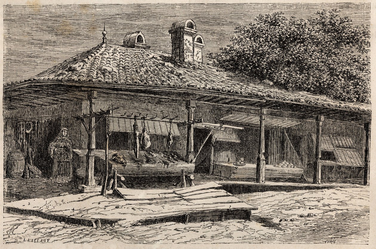 Sklep mięsny i piekarnia w Bukareszcie (Rumunia). Grawer ilustrujący podróż projektanta Lancelota z Paryża do Bukaresztu w 1860 r. w „Le tour du monde, nouveau journal des voyages”, wydanej pod kierunkiem Edouarda Chartona autorstwa Dieudonne Auguste Lancelot