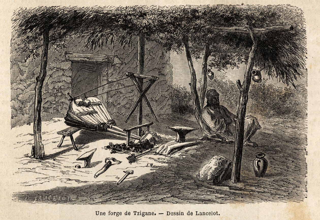 Kuźnia cygańska w regionie Wołoszczyzny w Rumunii. Rycina ilustrująca podróż z Paryża do Bukaresztu, autorstwa Lancelota, rysownika, w 1860 r., opublikowana w „Le tour du monde, nouveau journal des voyages”, pod kierunkiem Edouarda Chartona autorstwa Dieudonne Auguste Lancelot