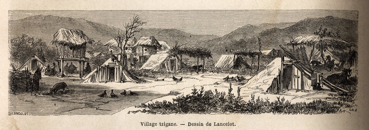 Wioska cygańska. Rycina ilustrująca podróż z Paryża do Bukaresztu, autorstwa Lancelota, rysownika, w 1860 r., opublikowana w „Le tour du monde, nouveau journal des voyages”, pod kierunkiem Edouarda Chartona autorstwa Dieudonne Auguste Lancelot