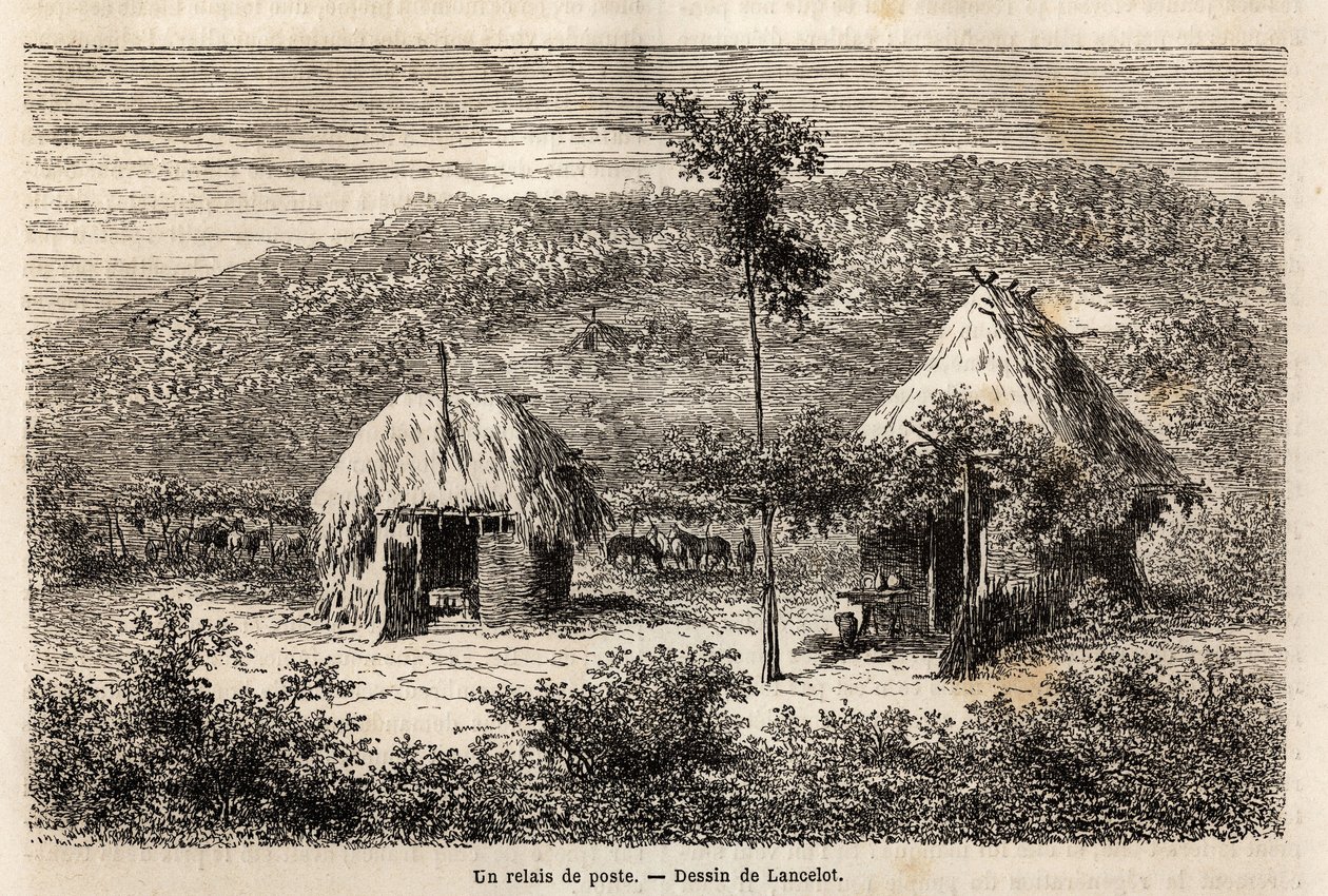 Sztafeta pocztowa między Bukaresztem a Pitesti. Rycina ilustrująca podróż z Paryża do Bukaresztu (Rumunia) w 1860 r. autorstwa projektanta Lancelota w „Le tour du monde, nouveau journal des voyages”, wydanej pod kierunkiem Edouarda Chartona autorstwa Dieudonne Auguste Lancelot