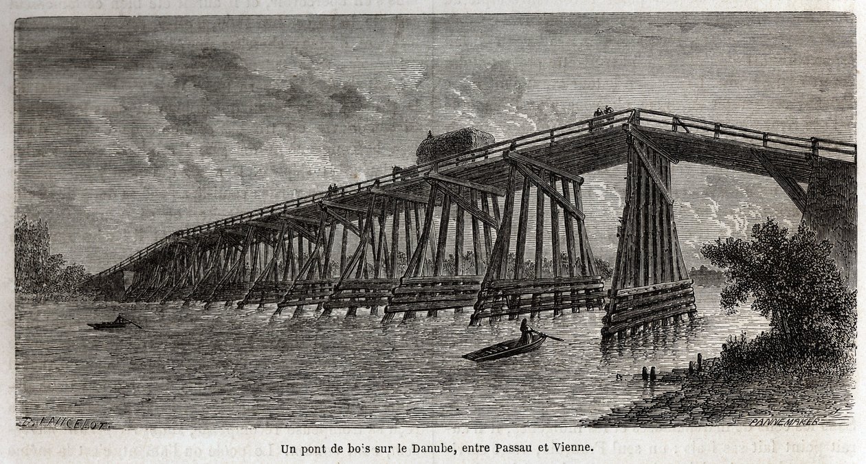 Drewniany most na Dunaju, między Pasawą a Wiedniem, rysunek Lancelota, ilustrujący podróż Victora Duruya z Paryża do Bukaresztu w 1860 roku. Rycina w „Le tour du monde” pod redakcją Edouarda Chartona autorstwa Dieudonne Auguste Lancelot