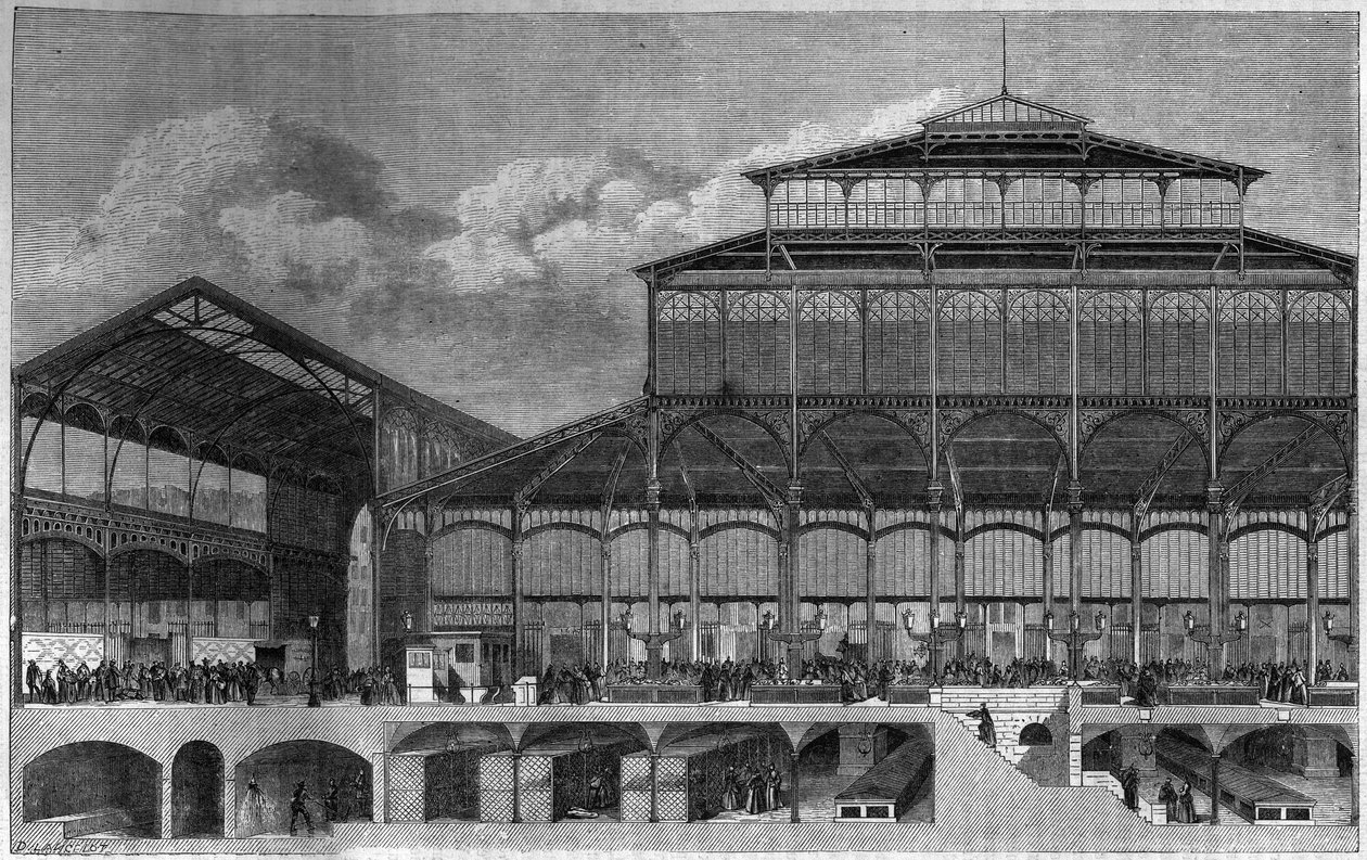 Przekrój Halles de Paris w 1862 r. Grawer Lancelota w „”Le Magasin malownicze”” autorstwa Dieudonne Auguste Lancelot