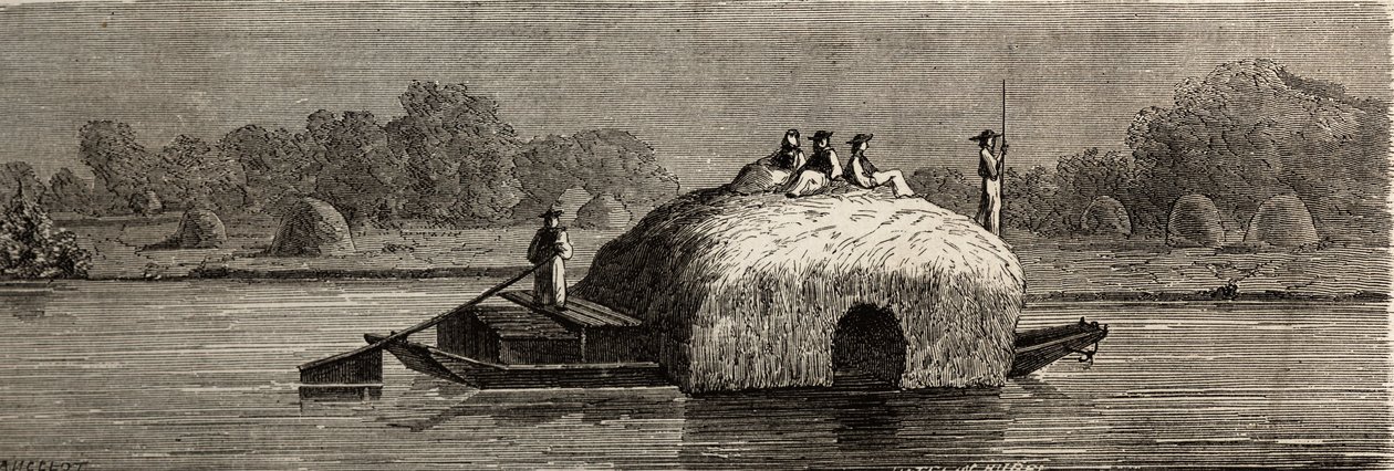 Koszenie, zbiór i transport paszy na brzegach Dunaju. Rysunek Lancelota, ilustrujący jego podróż z Paryża do Bukaresztu w 1860 r. Grawer w „”Le tour du monde””, pod redakcją Edouarda Chartona autorstwa Dieudonne Auguste Lancelot