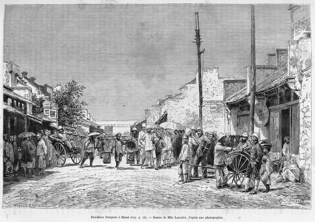 Francuska rezydencja w Hanoi. Grawerunek Lancelota, po fotografii, ilustrujący historię Trente mois au Tonkin w 1884 r., autorstwa doktora Hocquarda, in le tour du monde 1889, w reżyserii Edouarda Chartona (1807-1890), Hachette, Paryż. autorstwa Dieudonne Auguste Lancelot