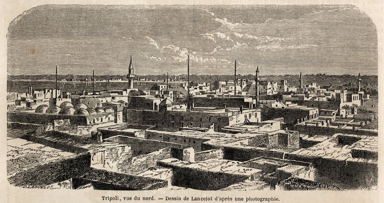 Ogólny widok Trypolisu, rysunek Lancelota, ilustrujący spacery trypolitańskie barona de Kraffta w 1860 roku. Grawer w „Le tour du monde” 1861. Kolekcja Selvy. autorstwa Dieudonne Auguste Lancelot